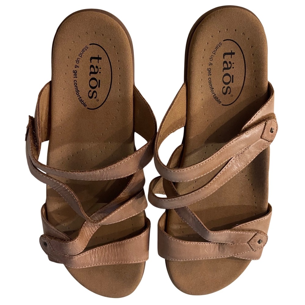 Taos Double U Sandals Womens 9 Tan Leather Strappy Slip On Slide Comfort